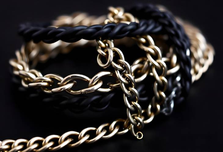 Stunning CloseUp of Beautiful Chain Bracelets on Black Charcoal